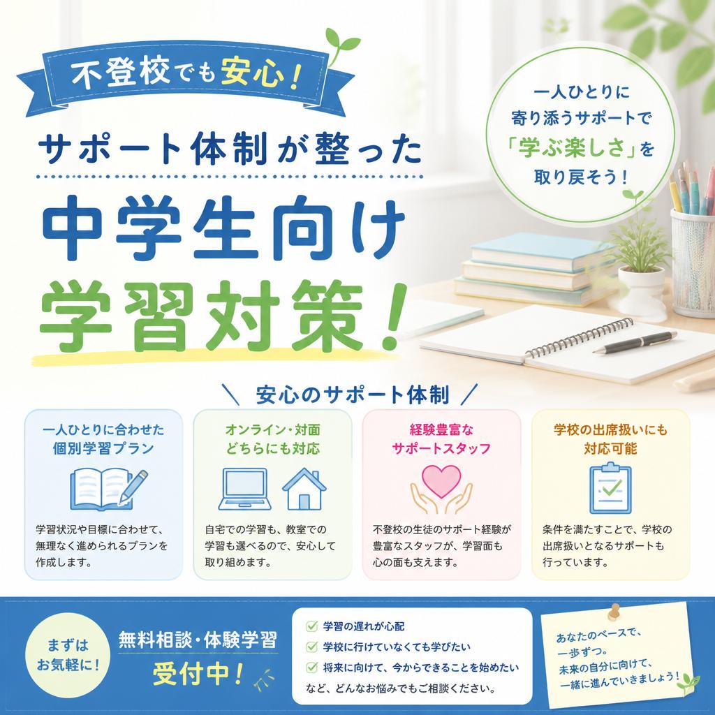 不登校でも安心！サポート体制が整った中学生向け学習対策！